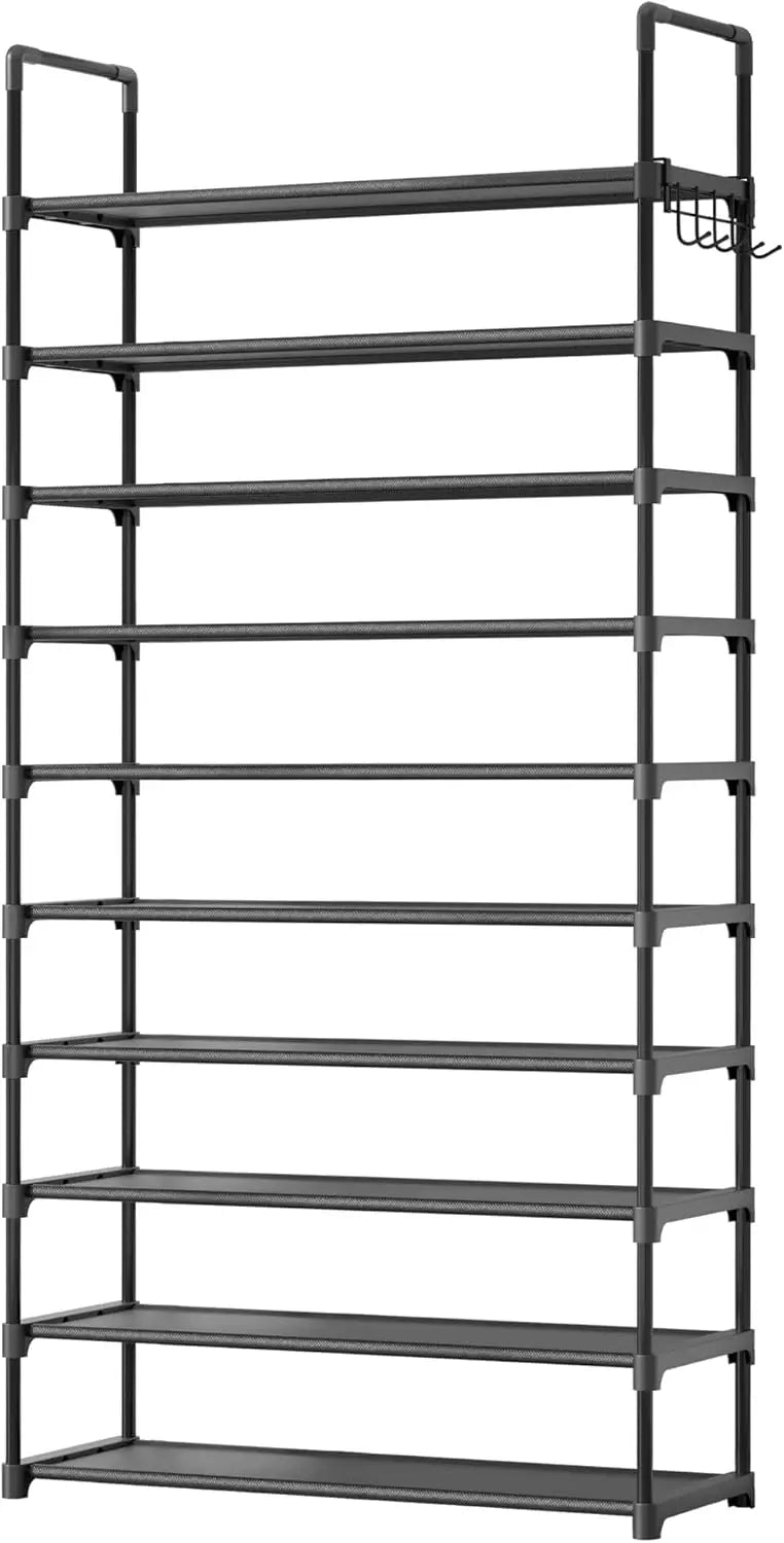 Zapatero de 10 niveles con ganchos - Organizador de gran capacidad que ahorra espacio para entrada, dormitorio, sala de estar, negro
