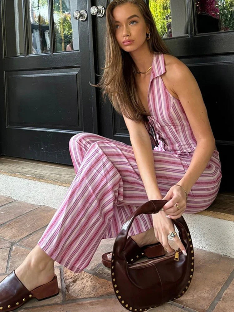 Conjunto de pantalón y chaleco de rayas con cordones para mujer, top sin mangas sin espalda y pantalones de talle alto, conjunto de ropa urbana para dama, novedad 2024