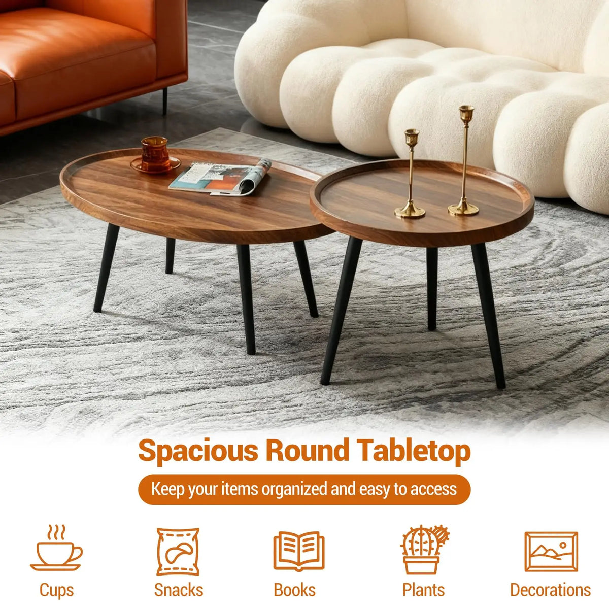 Nesting Coffee Table Set of 2 Mid Century Modern Walnut End Tables For Living Room Small Spaces Sofa Side Table