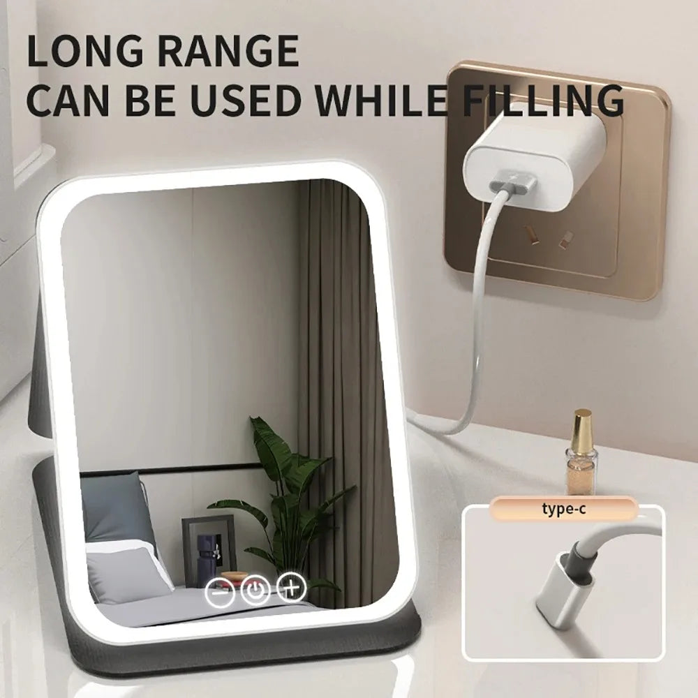 3 Colors Dimmable LED Makeup Mirror with Touch Screen Fold Cosmetic Makeup Mirror Rechargeable Tabletop for Travel & Home Use