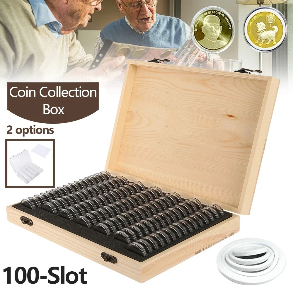 100 unidades de cápsulas transparentes para monedas, caja universal de almacenamiento de monedas con almohadilla de ajuste, contenedor de monedas conmemorativas y medallas de madera ajustable
