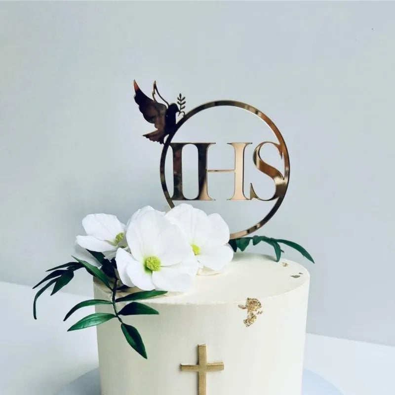 Ins Cross Christ Birthday Cake Topper Gold Acrylic Dove Cross for Eucharist Baby Baptism Party Cake Toppers Dessert Decoration