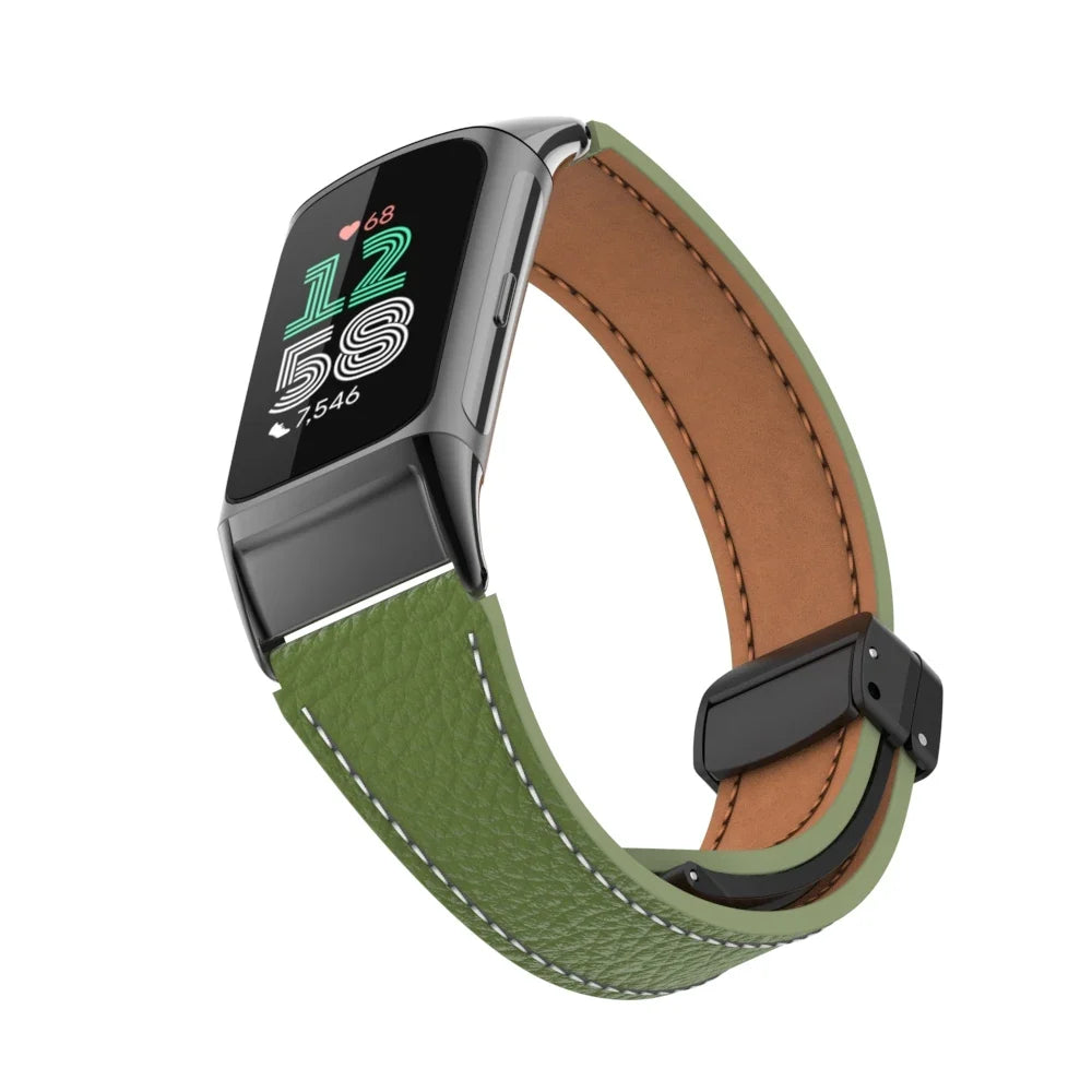 Fitbit Charge 5 & 6 Leather Band - Magnetic Folding Clasp