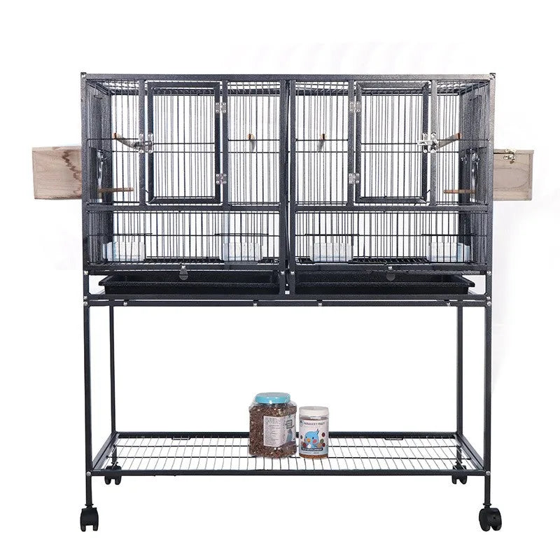 Jaula para pájaros de cría con soporte rodante desmontable Jaula de criador con perchas, cajas de comida, bandeja extraíble y estante de almacenamiento