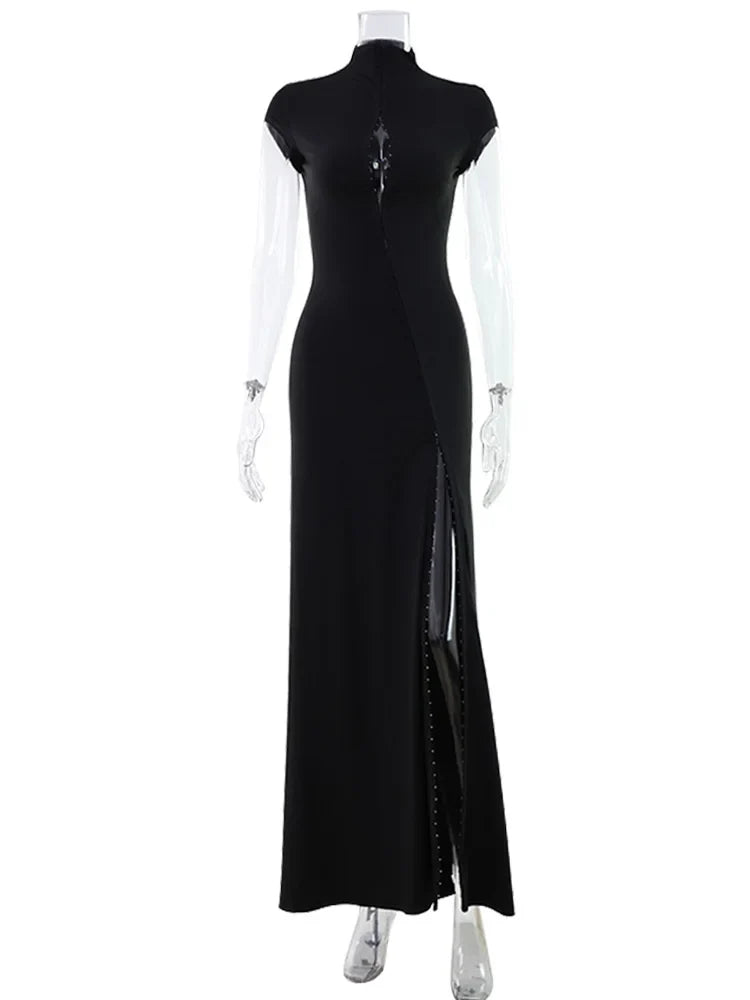 Vestido corto ajustado para mujer CNYISHE, cuello redondo, manga corta, con abertura y hebilla metálica, estilo sexy para fiesta, noche y club