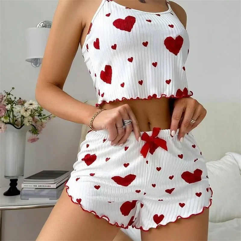 5 tallas a elegir S M L XL 2XL Conjunto de pijama para mujer con tirantes, camiseta sin mangas + pantalones cortos, ropa de dormir con estampado de corazones rojos, lencería sexy