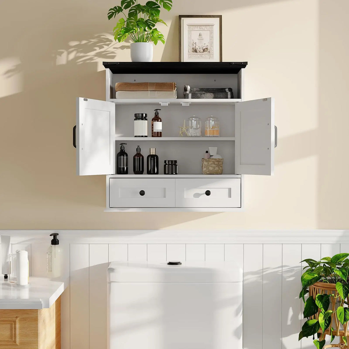 Wall Mounted Farmhouse Medicine Cabinet Over Toilet Storage With Barn Doors Adjustable Shelves Removable Drawer Bathroom Cabinet