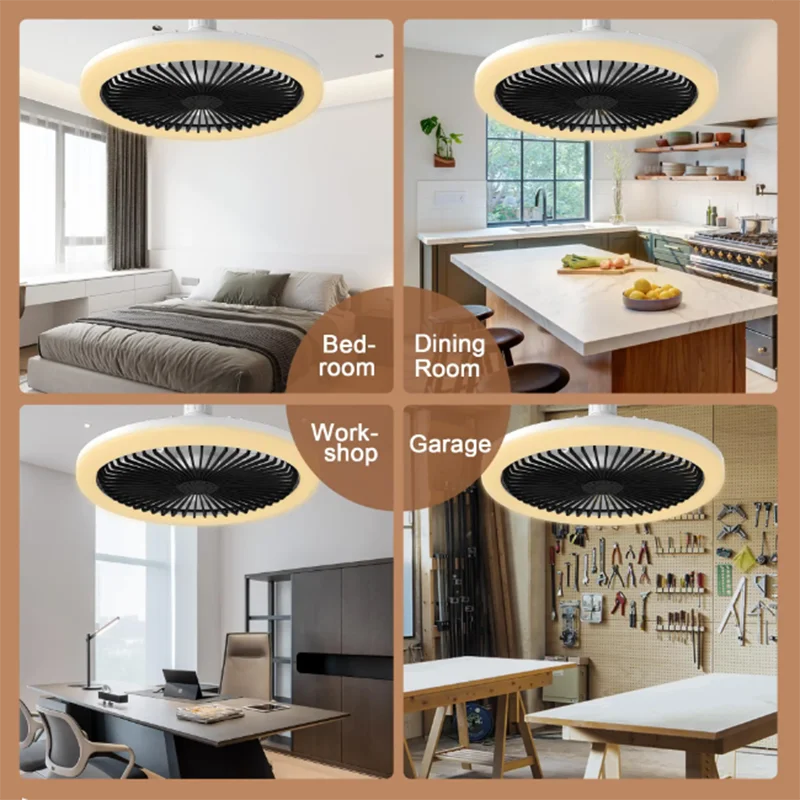 Moderno ventilador de techo pequeño con luz E27 LED D25cm, control remoto inteligente, lámpara de ventilador para dormitorio, estudio, cocina, decoración del hogar