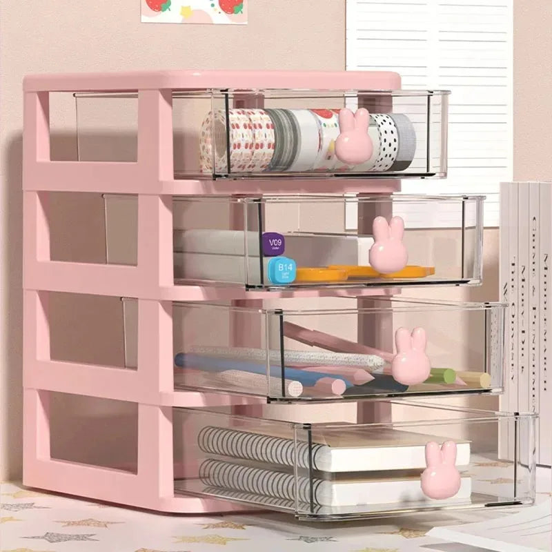 Organizador de cajones apilables transparentes de 2-5 niveles, caja de almacenamiento multi-nivel de PP, estilo de dibujos animados, para oficina/productos de belleza, sistema de escritorio modular