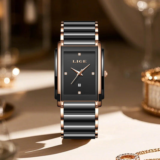 Women's Ceramic Square Bracelet Watch Rose Gold Quartz