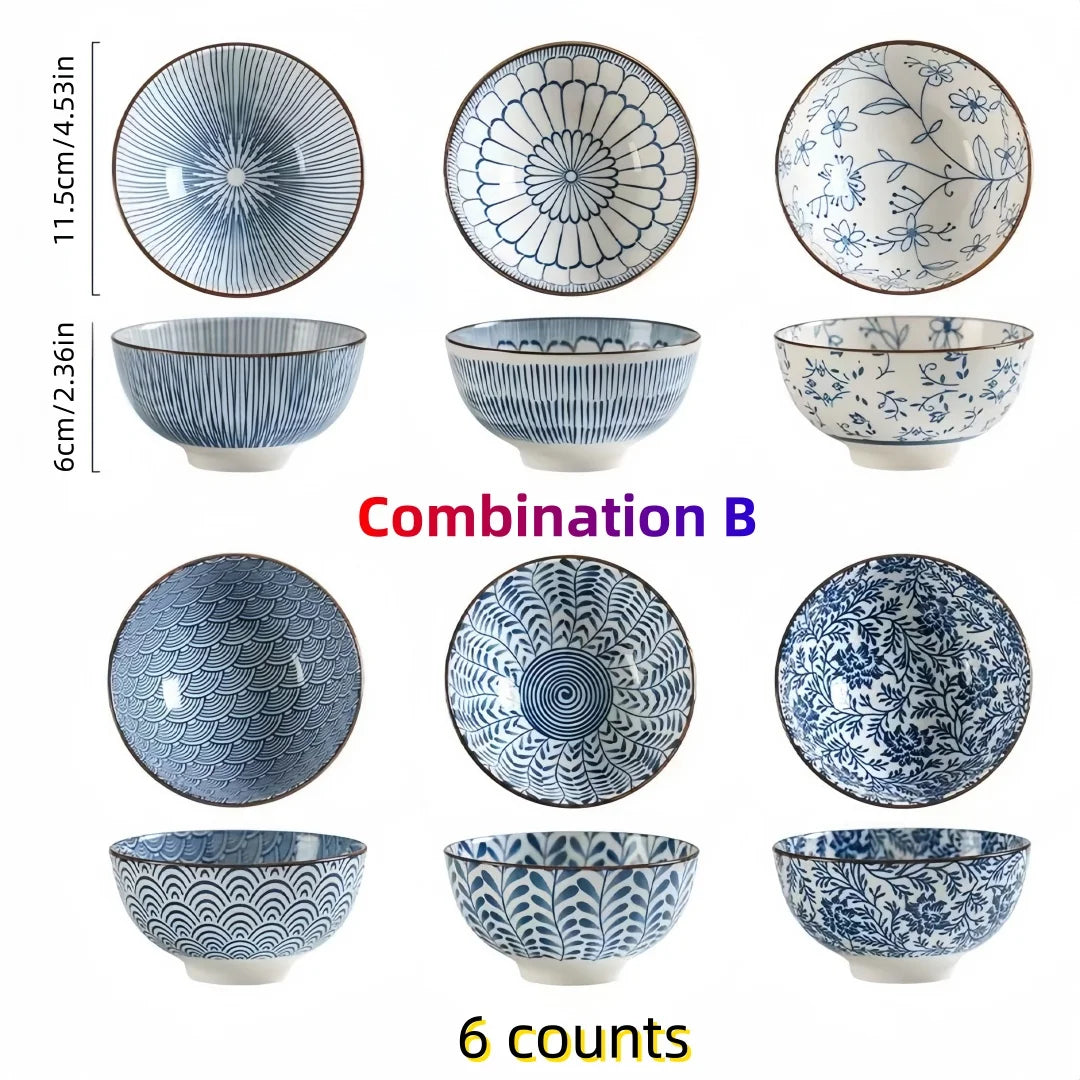 Cuenco de cerámica de 4,5 pulgadas pintado a mano, estilo japonés azul y blanco, tazón de arroz retro para uso doméstico.