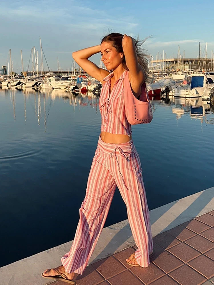 Conjunto de pantalón y chaleco de rayas con cordones para mujer, top sin mangas sin espalda y pantalones de talle alto, conjunto de ropa urbana para dama, novedad 2024