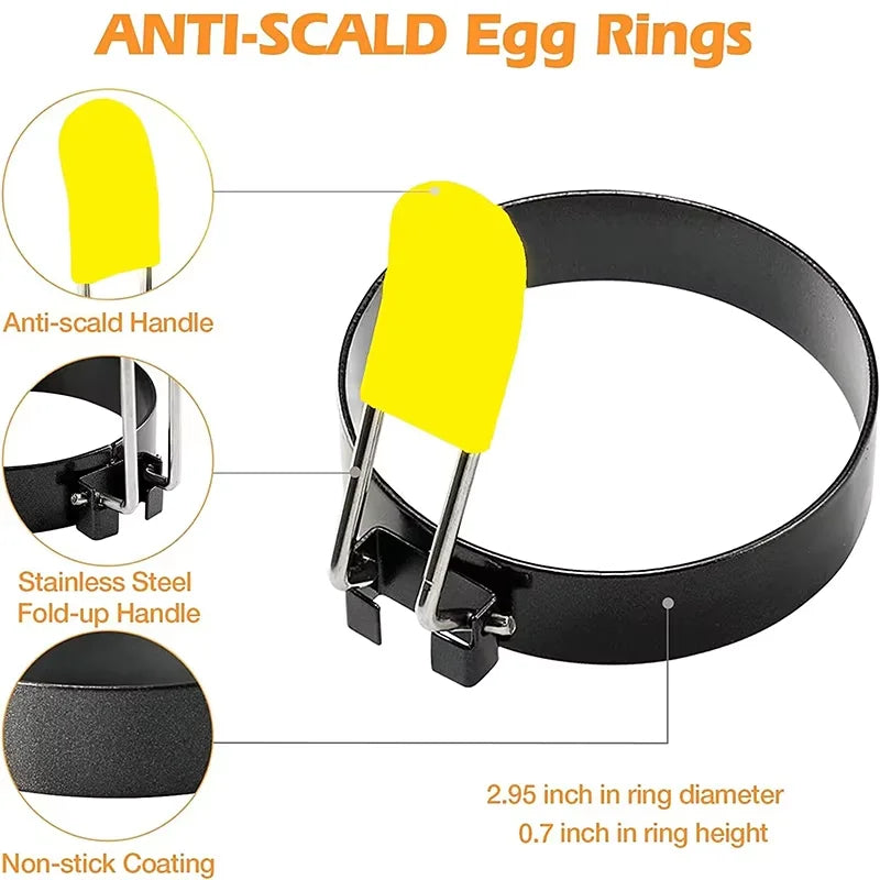 Juego de aros de huevo redondos, molde moldeador de huevo de acero inoxidable con mango de silicona antiquemaduras, aro de cocción de huevo antiadherente para freír huevos