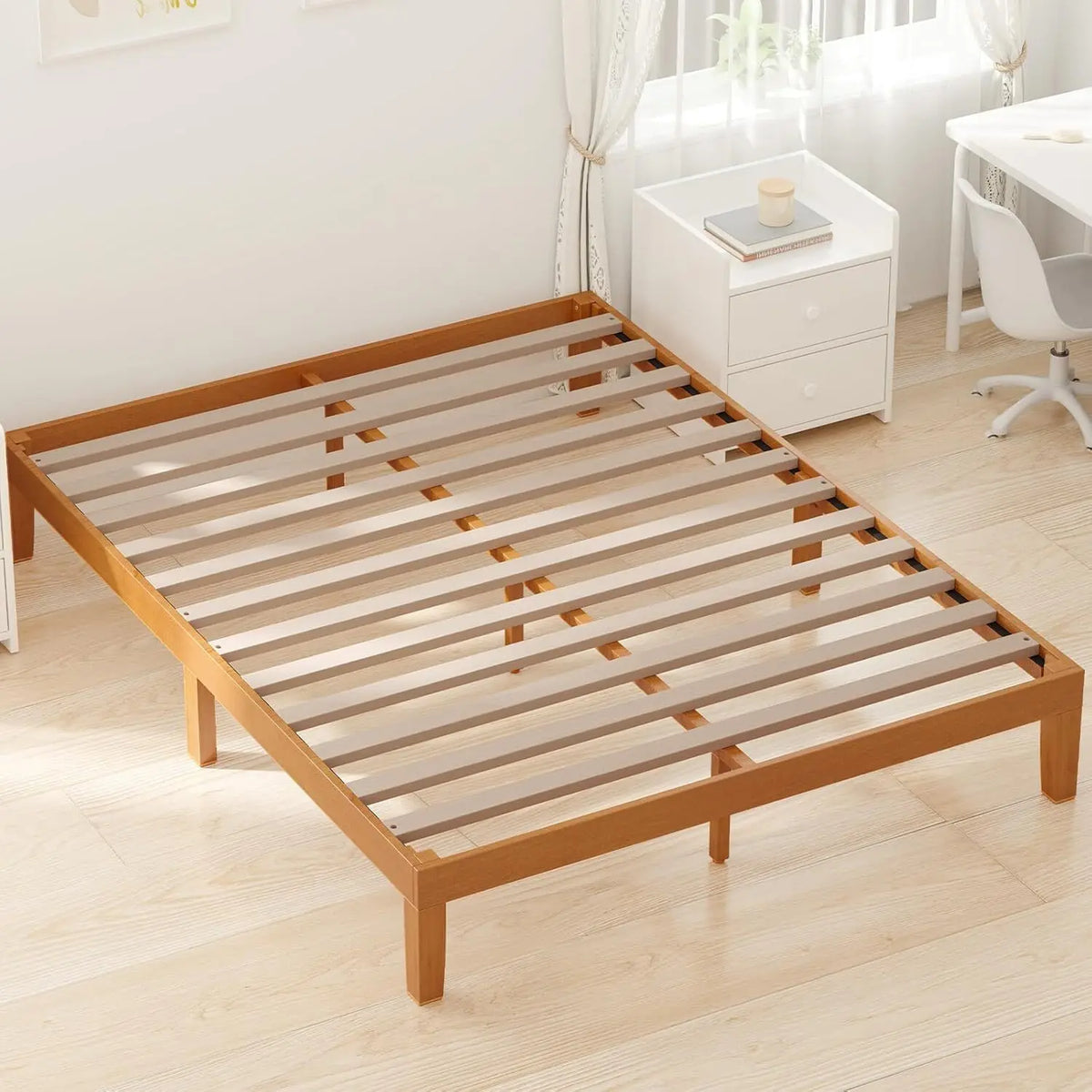 Queen Size Wood Bed Frame 12in Wooden Platform Bed Foundation with Support Slats