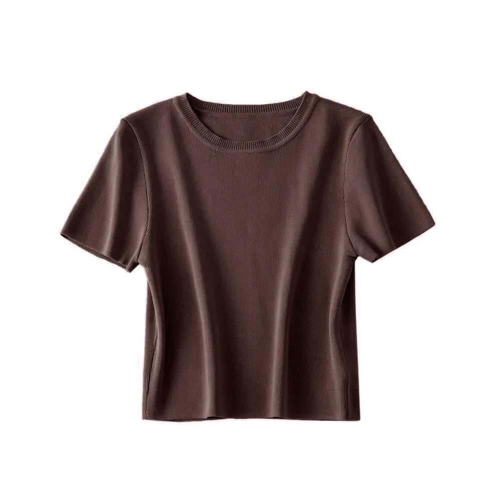 Women Fashion Striped Basic Cropped Knit Sweater Vintage O Neck Short Sleeve Female Pullovers Chic Tops