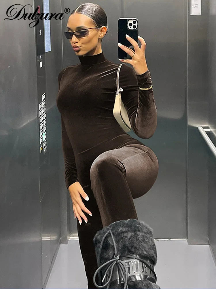 Dulzura Autumn Velvet Sexy Y2K Clothes Long Sleeve O-Neck Bodycon Skinny Zipper Jumpsuit Women Sporty Streetwear Romper Outfits