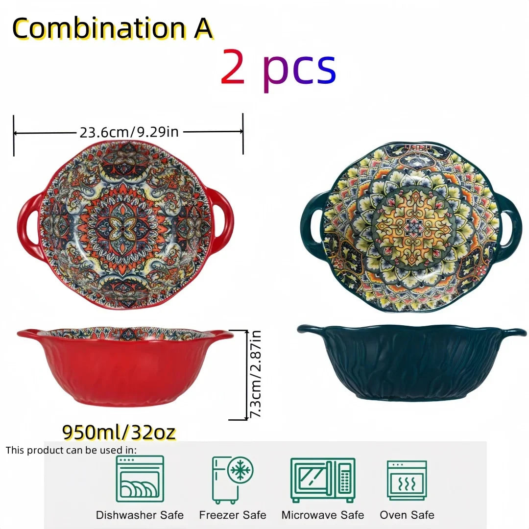 Tazón de sopa de cerámica estilo bohemio con asa, apto para microondas, diseño en relieve, ideal para servir sopas, ensaladas, fideos ramen