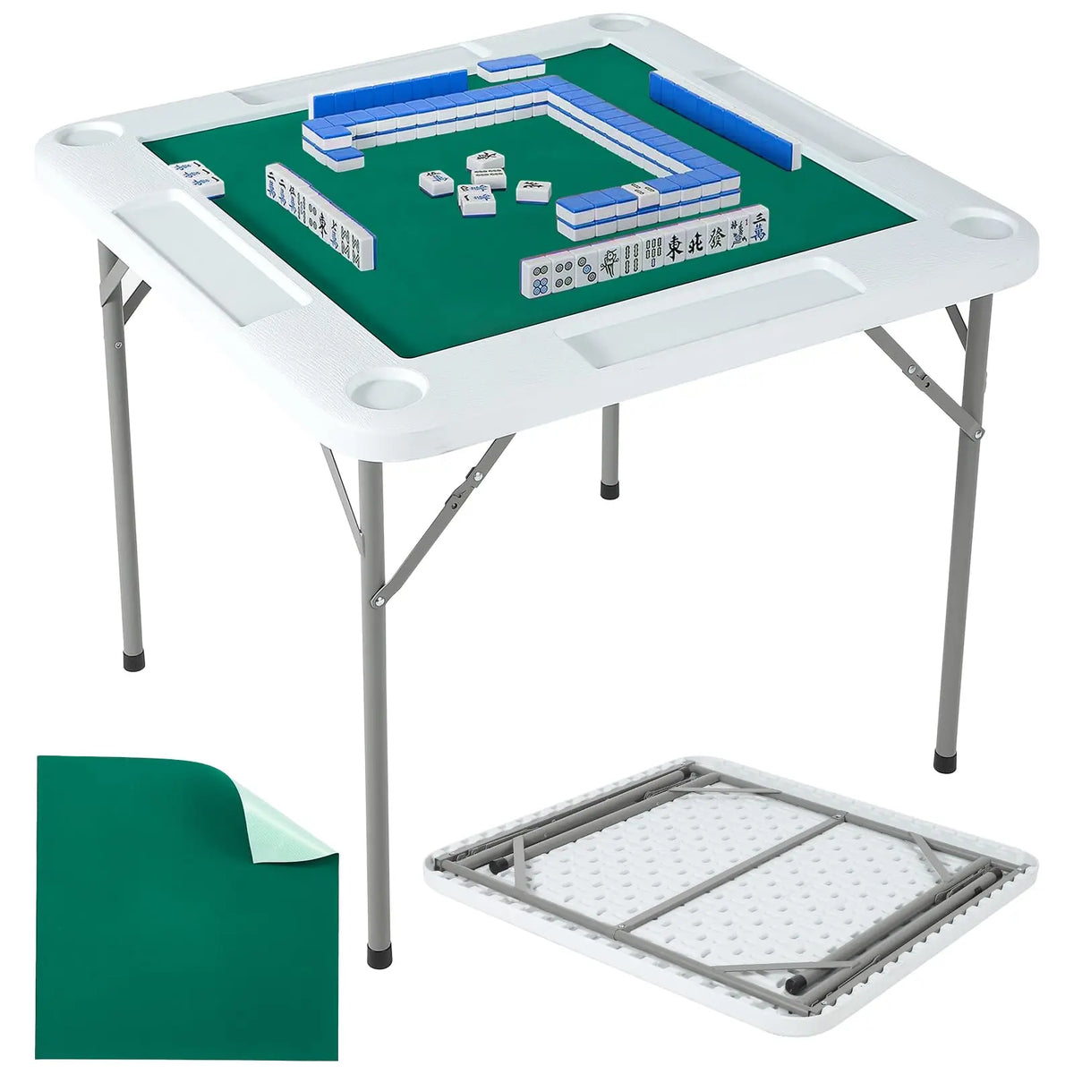 Mesa de Mahjong y Dominó Plegable de 35.4", Escritorio Cuadrado para 4 Jugadores con Portavasos y Bandejas para Fichas, Mesa Portátil para Juegos de Mesa con Tablero Verde