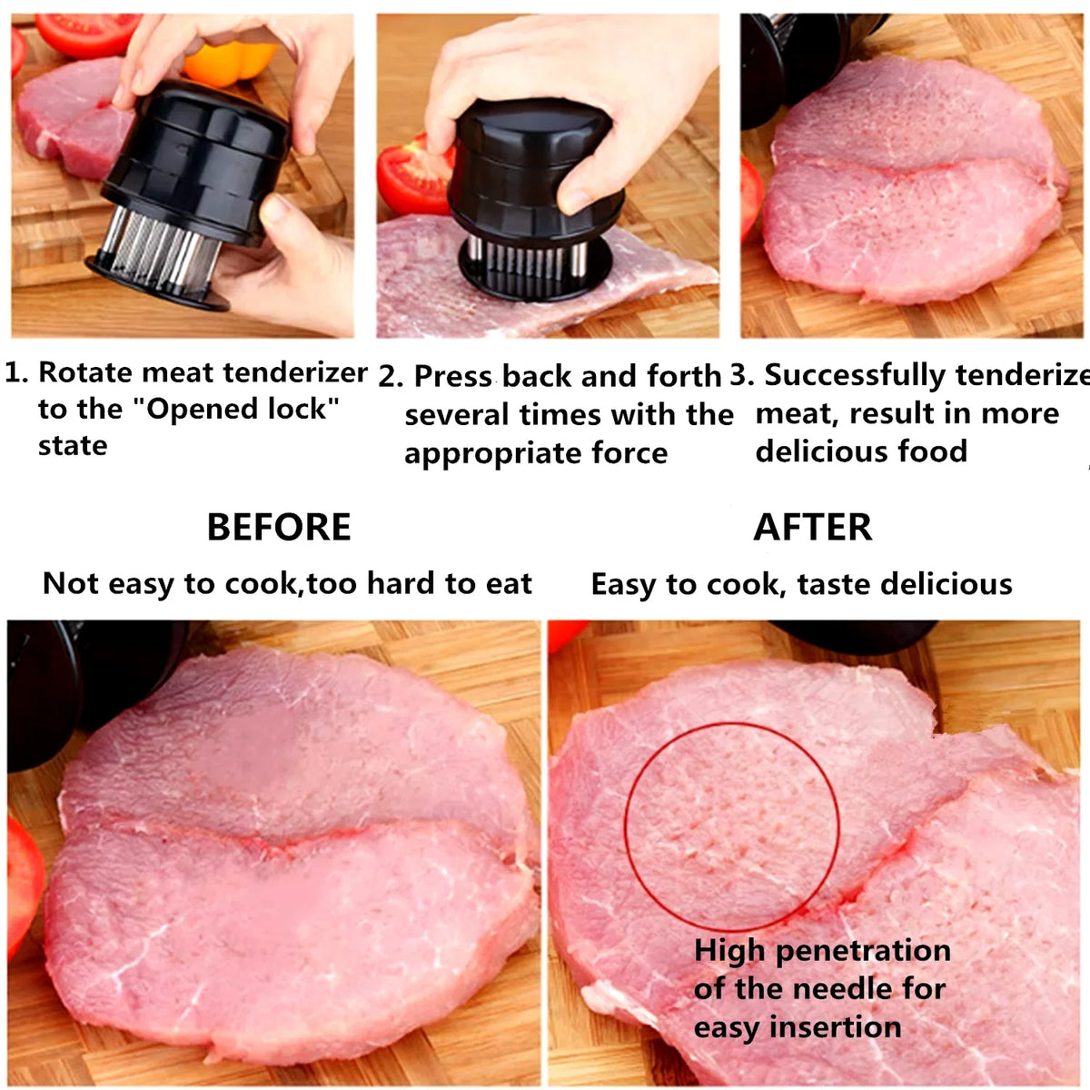 Ablandador de carne de aguja de 56 cuchillas ultra afiladas, ablandador de carne de res de acero inoxidable con bloqueo de seguridad YY034