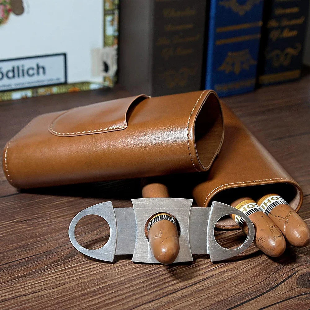Estuche de piel con humidificador de viaje para cigarros, forro de madera de cedro, humidores de viaje para cigarros con cortador de cigarros de acero inoxidable