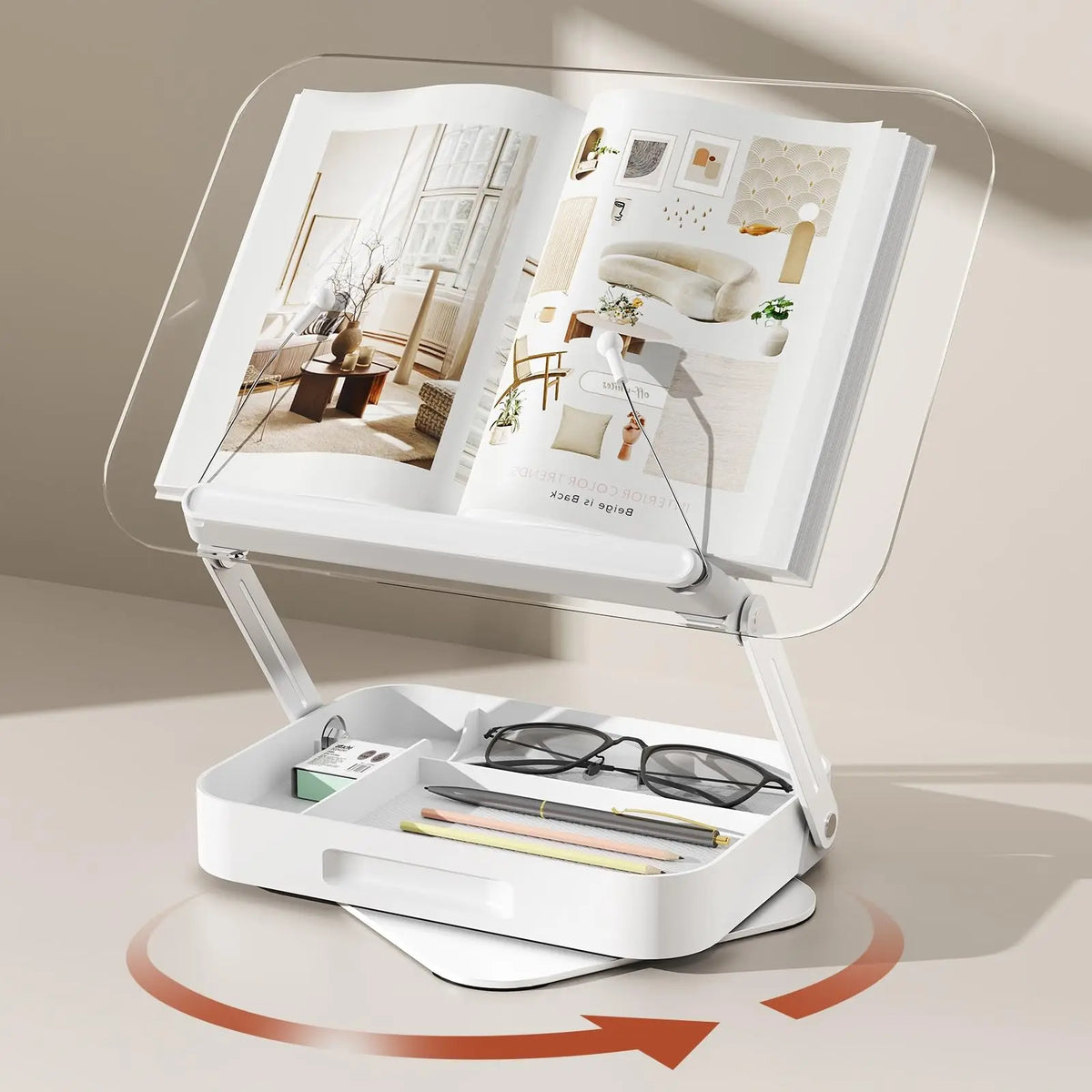 NEW Book Stand for Reading Adjustable Book Holder with 360° Rotating Base Elastic Page Clips Foldable Desktop Riser Stand