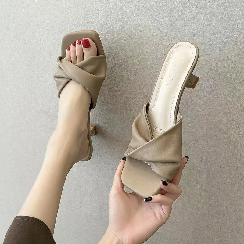 Summer Fashion Simple Ladies Slippers Dew Feet High Heels Solid Color Comfortable Casual SlippersFashion Slippers