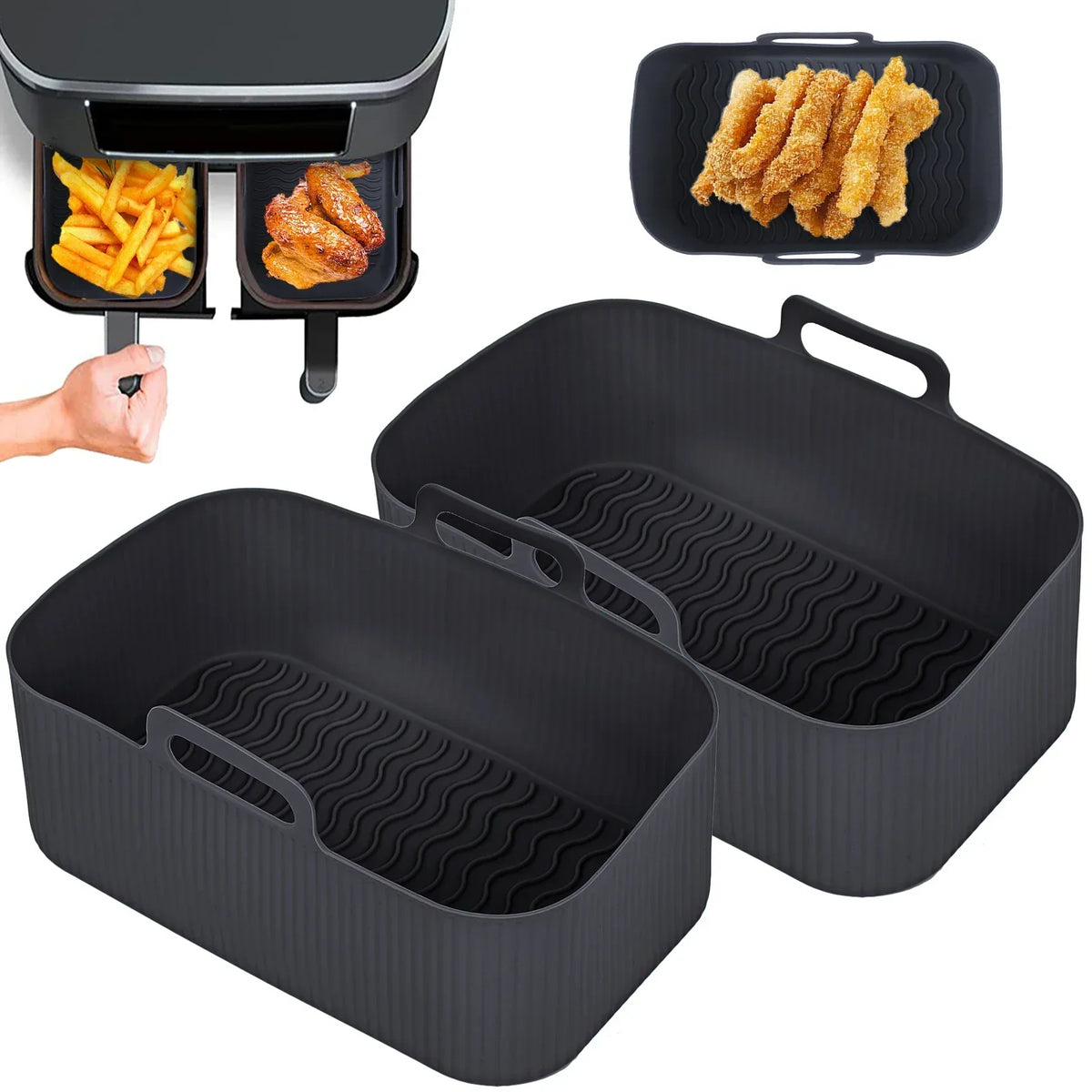 Bandeja de silicona para freidora de aire de 2/1 pieza, cesta para hornear rectangular, inserto de revestimiento reutilizable, plato de pollo frito para accesorios de freidoras de aire