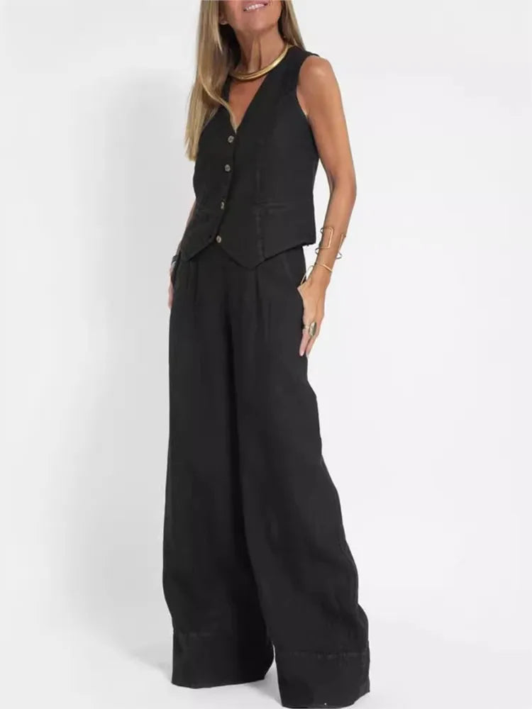 Women's Sleeveless Vest and Pants Set, Colorblock Two-Piece Suit