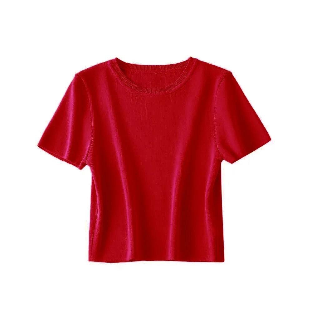 Women Fashion Striped Basic Cropped Knit Sweater Vintage O Neck Short Sleeve Female Pullovers Chic Tops