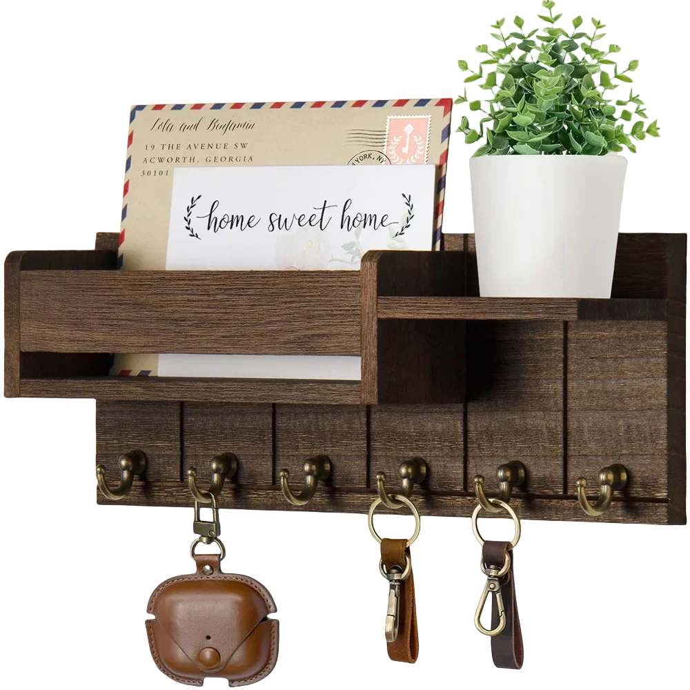 Colgador de Llaves Decorativo y Organizador de Correo con 6 Ganchos para Llaves, Estante de Madera Rústica, Montado en la Pared para Salón o Entrada