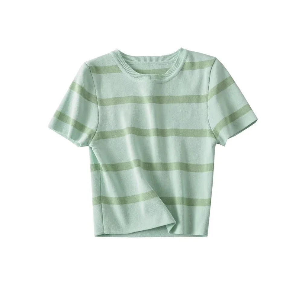 Women Fashion Striped Basic Cropped Knit Sweater Vintage O Neck Short Sleeve Female Pullovers Chic Tops