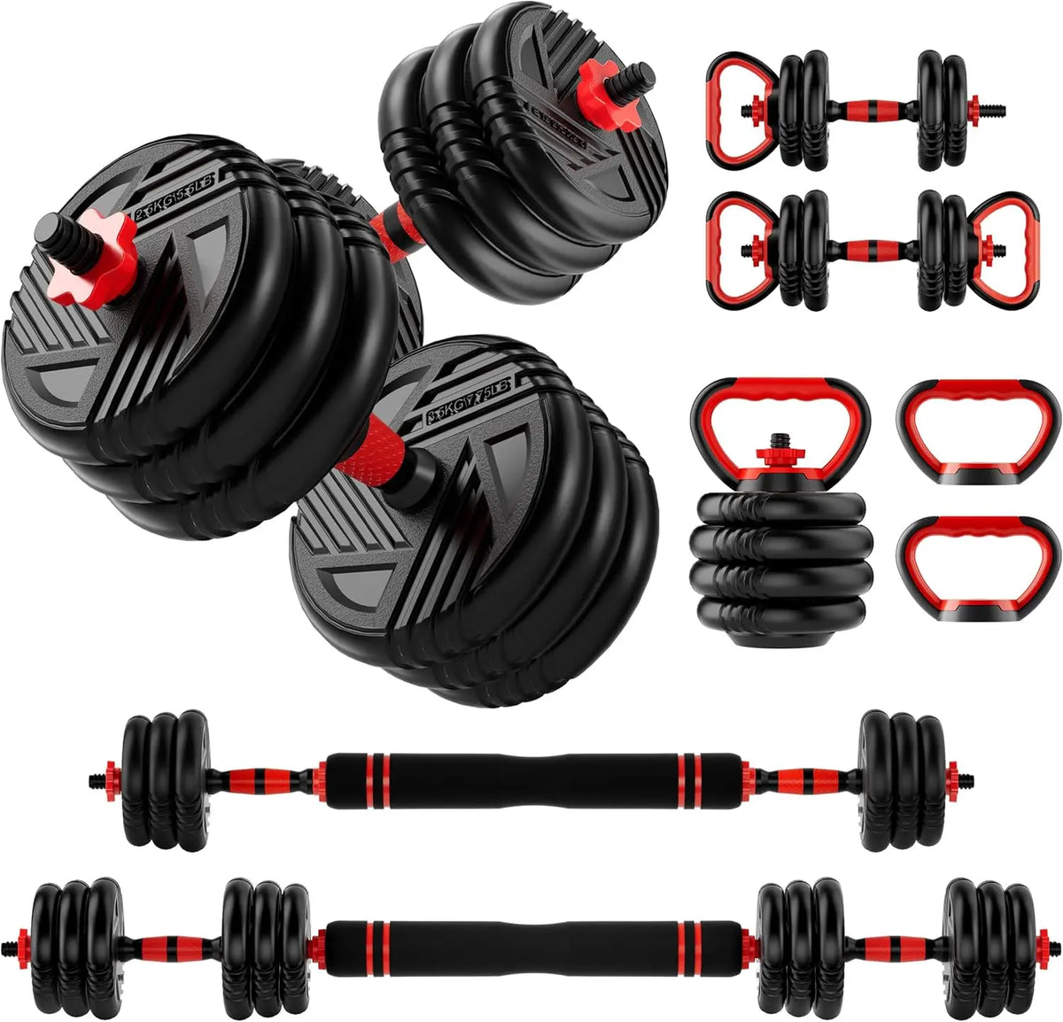 Juego de Mancuernas Ajustables 5 en 1 que se Convierten en Barra y Pesa Rusa, de 10 a 90 lb para Entrenamiento en Casa