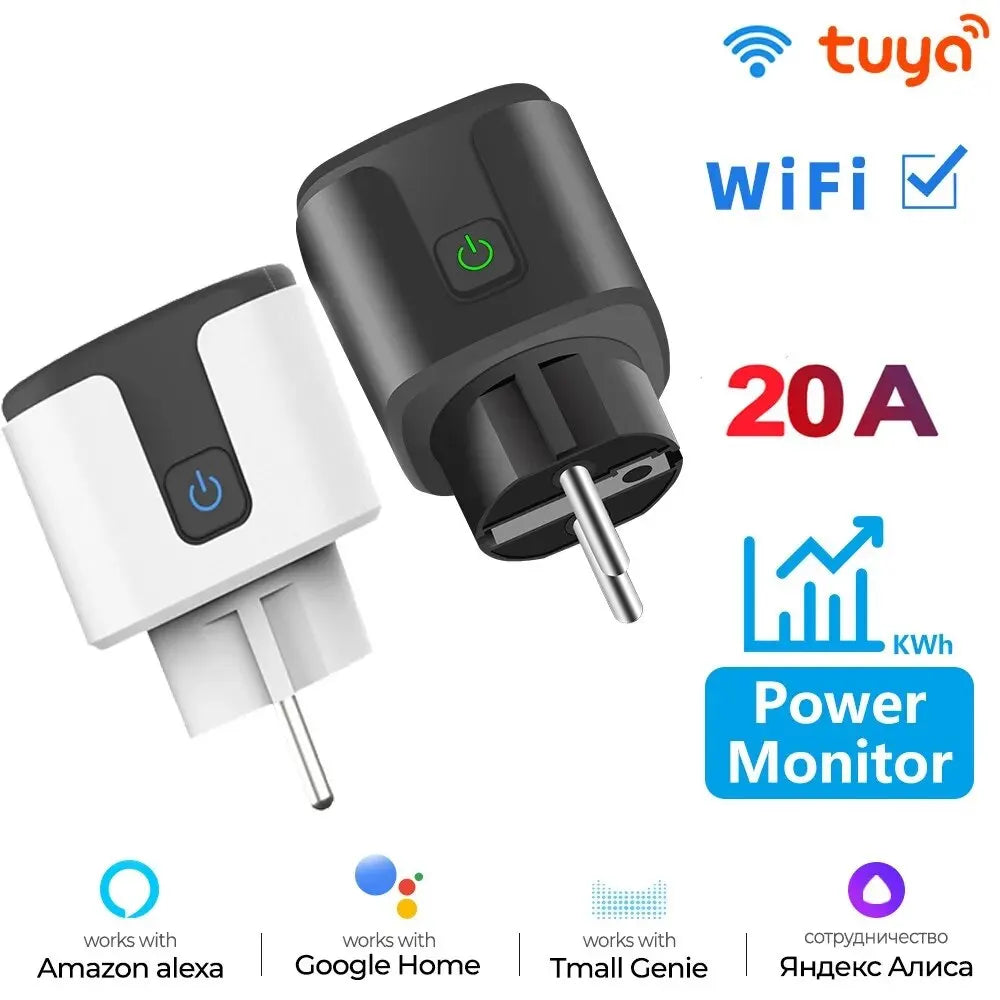 Enchufe inteligente WiFi para la UE con aplicación Tuya, toma de corriente de 20A con monitor de energía, control remoto inalámbrico por APP para Google Home Alexa