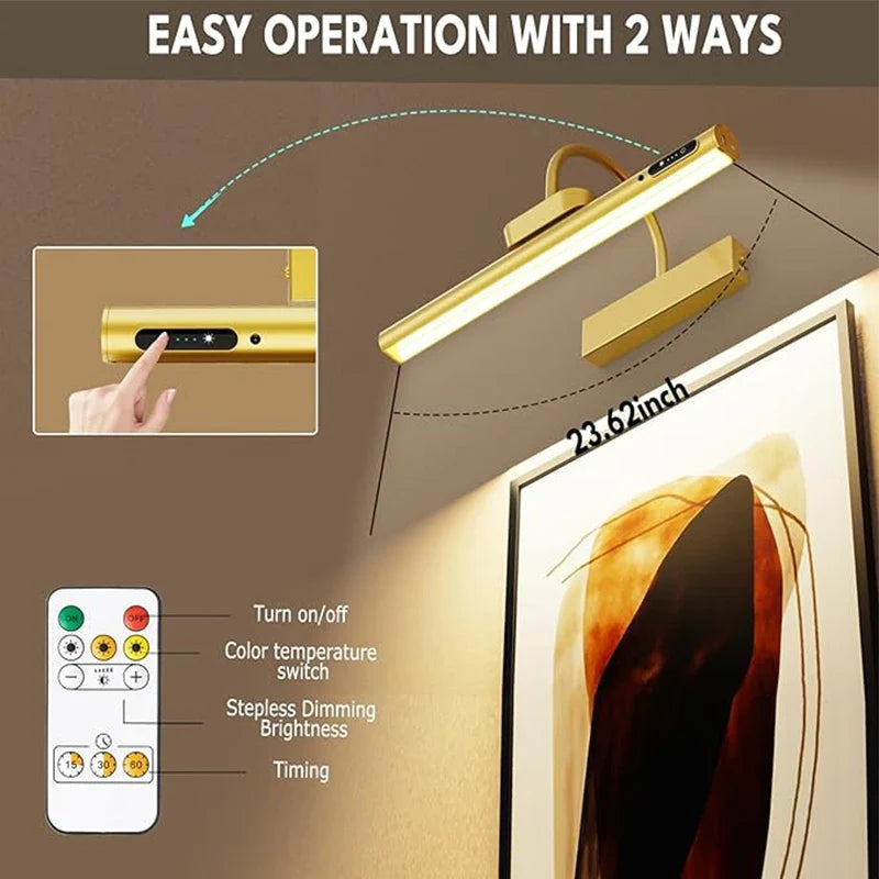 Lámpara de pared inalámbrica para sala de estar con control remoto, apliques LED de interior a pilas, luz para exhibir cuadros y pinturas con control remoto