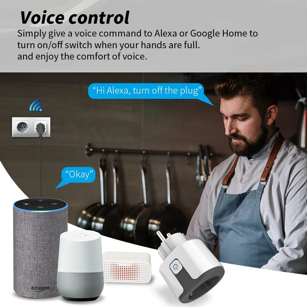 Enchufe inteligente WiFi para la UE con aplicación Tuya, toma de corriente de 20A con monitor de energía, control remoto inalámbrico por APP para Google Home Alexa