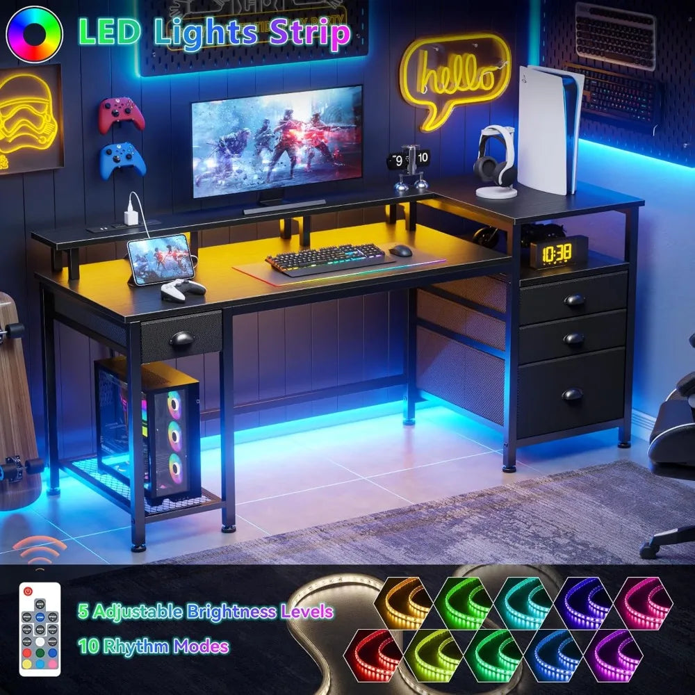 Escritorio negro de 60" con 4 cajones y espacio para impresora, escritorio para juegos con luces LED y tomas de corriente USB, escritorio para oficina en casa