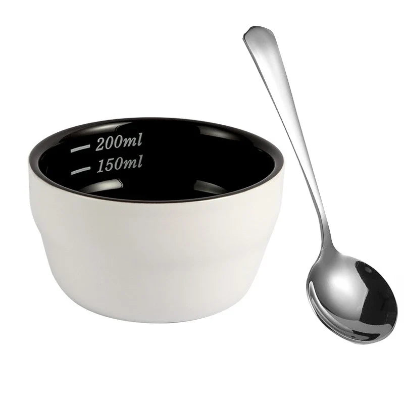 Tazón de café de cerámica de 200 ml con escala Tazón de medición engrosado Taza de cata en U con cuchara Taza medidora de espresso Accesorios de café