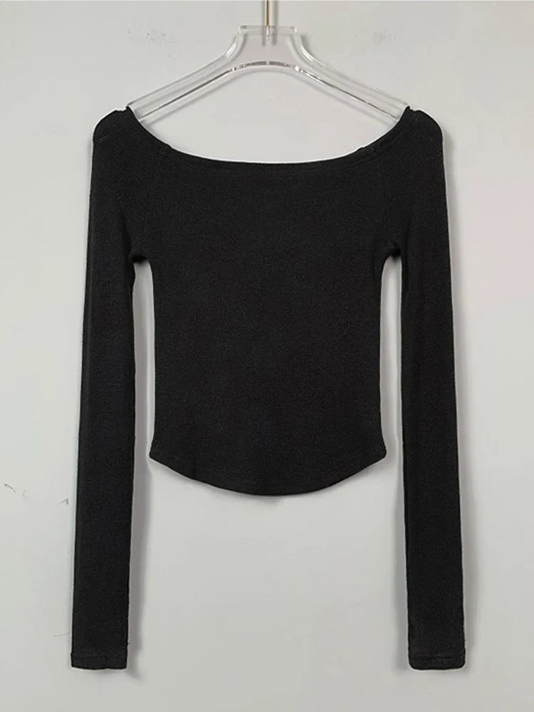 Women's Sexy Long Sleeve T-Shirt Cotton Crop Slim Fit Black White Slash Neck Tee Shirt Femme 2025