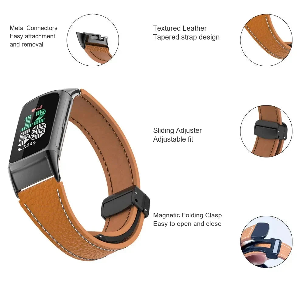 Fitbit Charge 5 & 6 Leather Band - Magnetic Folding Clasp