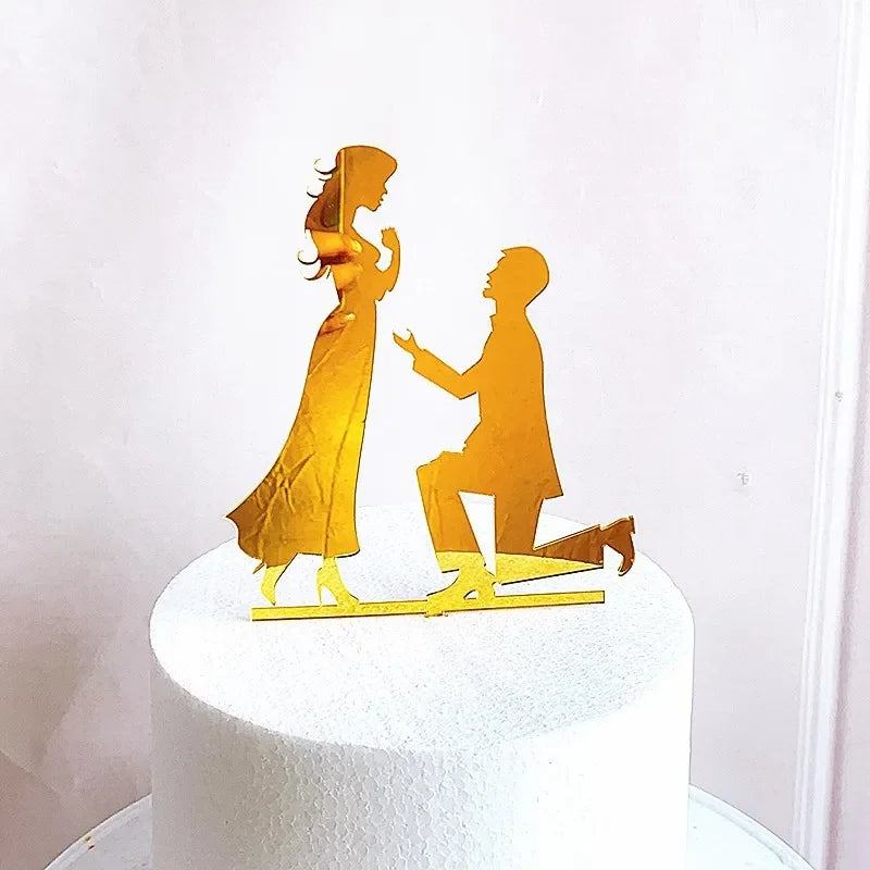 Ins Gold Acrylic Ring Wedding Cake Topper Bride Groom Proposal Party Wedding Cake Topper for Engagement Gift Dessert Decoration