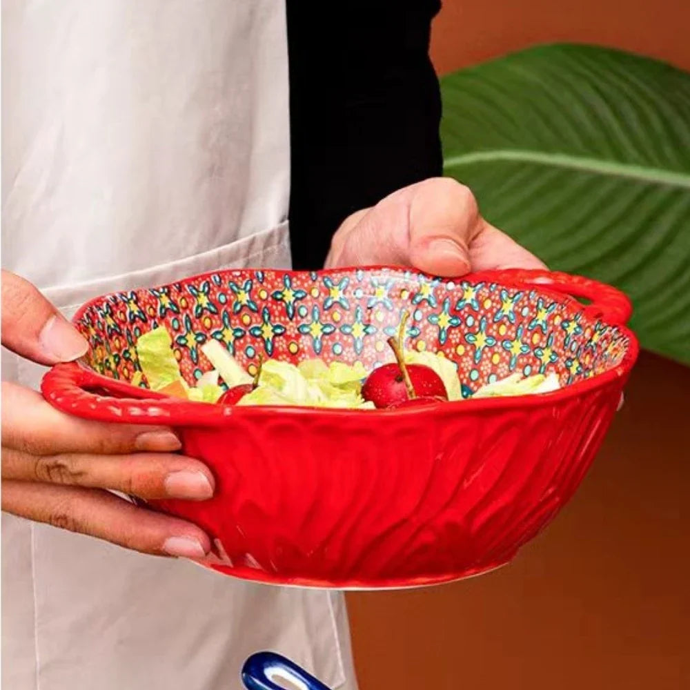 Tazón de sopa de cerámica estilo bohemio con asa, apto para microondas, diseño en relieve, ideal para servir sopas, ensaladas, fideos ramen