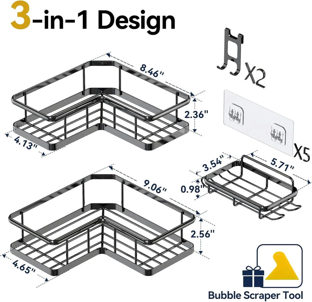 Estantes de ducha de acero inoxidable a prueba de óxido, adhesivos, paquete de 3, con jabonera, organizador de esquina sin perforaciones para baño, negro
