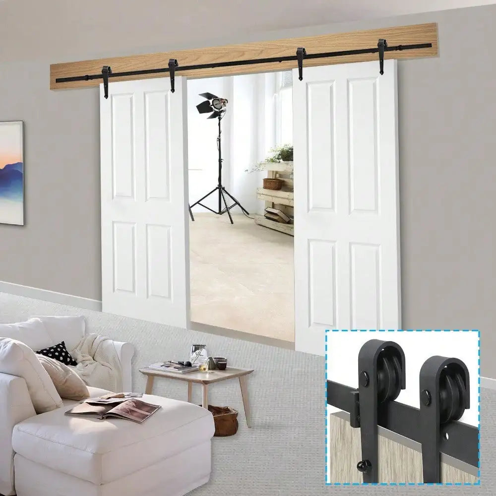 Kit de herrajes de doble puerta corredera de derivación para granero, 6.6 /12 pies, rodillo de espacio separado, riel único, servicio pesado, se desliza suave y silenciosamente