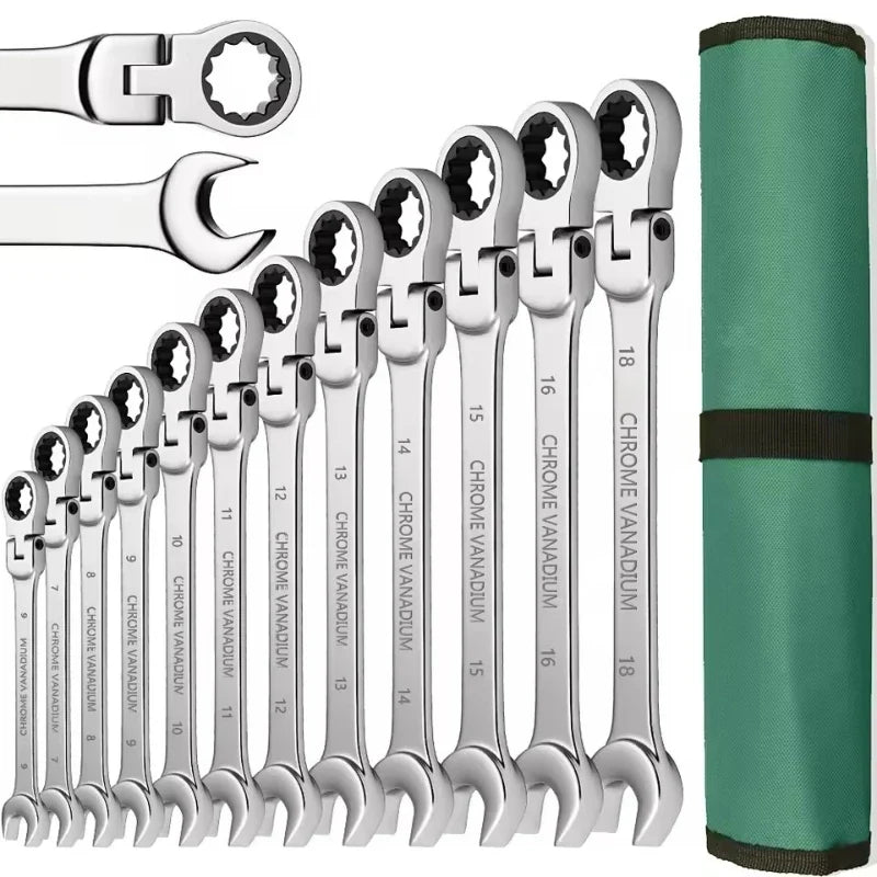Juego de llaves combinadas de trinquete de 6-32 mm, kit de llaves combinadas de trinquete de anillo de engranaje métrico de cabeza flexible con juego de herramientas de bolsa de lona