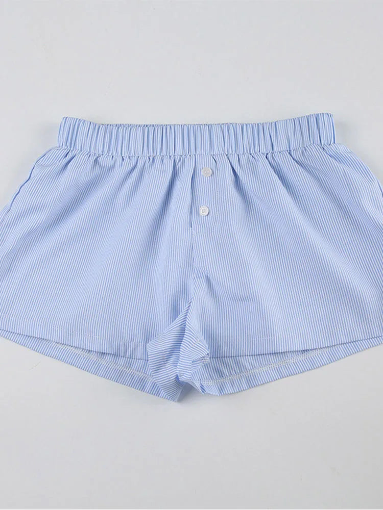Striped Print Casual Shorts for Women Elastic Waist Fashion Button Bottoms Streetwear Chic Basic Y2K Loose Shorts