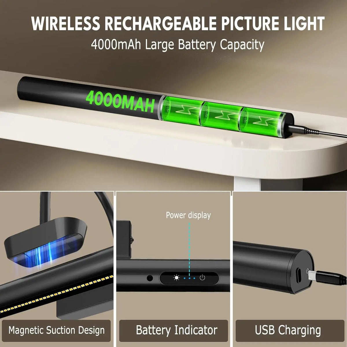 Lámpara de pared inalámbrica para sala de estar con control remoto, apliques LED de interior a pilas, luz para exhibir cuadros y pinturas con control remoto