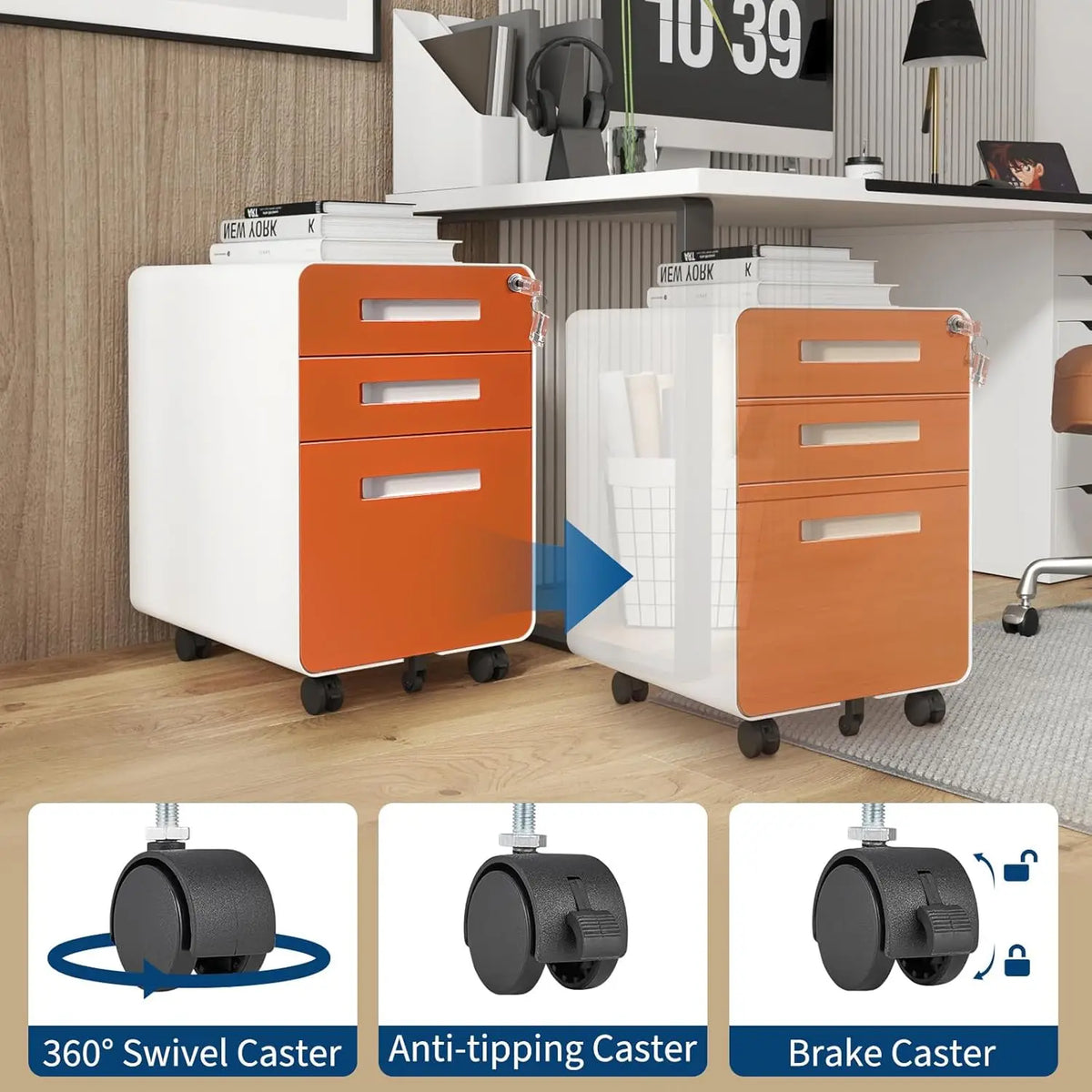 Archivador metálico con cerradura de 3 cajones, móvil, para guardar debajo del escritorio, con 5 ruedas, antivuelco, para organización de oficina en casa