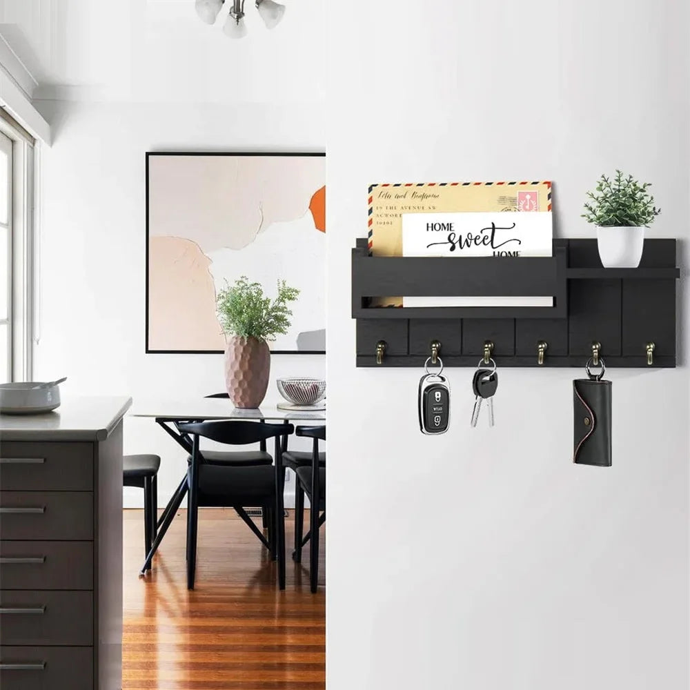 Colgador de Llaves Decorativo y Organizador de Correo con 6 Ganchos para Llaves, Estante de Madera Rústica, Montado en la Pared para Salón o Entrada