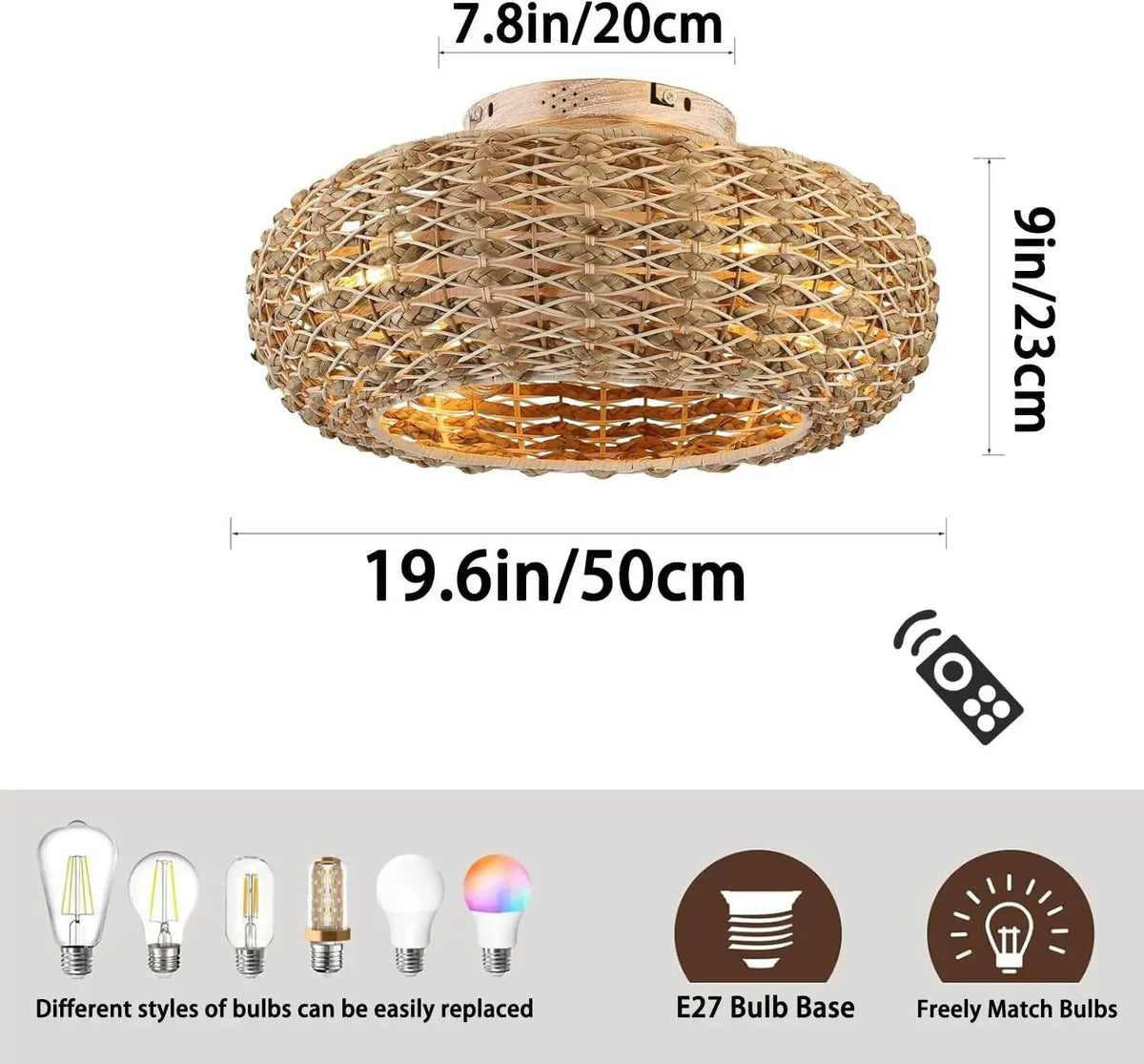 Ventiladores de techo de bambú con luz, control remoto, decoración de dormitorio, ventilador de techo de 50 cm con aspas invisibles retráctiles y silenciosas.