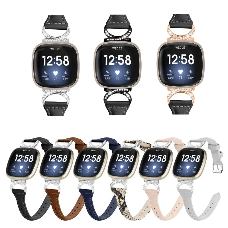 Fitbit Sense 1–2 / Versa 3–4 Leather Band with Sparkling D-Links